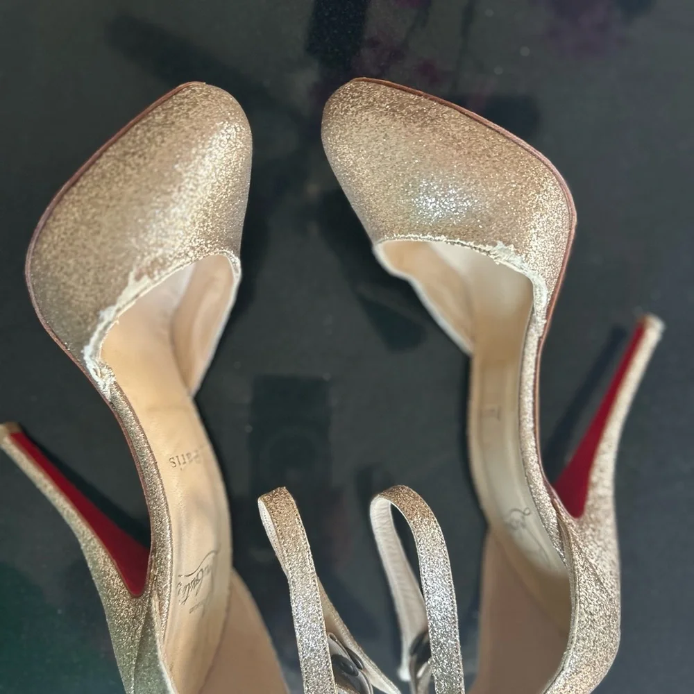 Christian Louboutin Paris Gold Glitter Strap Heels. 5” heals size 39 (9 US) - Picture 14 of 16